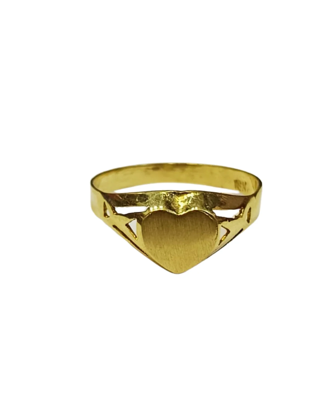 Vista superior anillo sello corazón calado superficie lisa oro 18 quilates